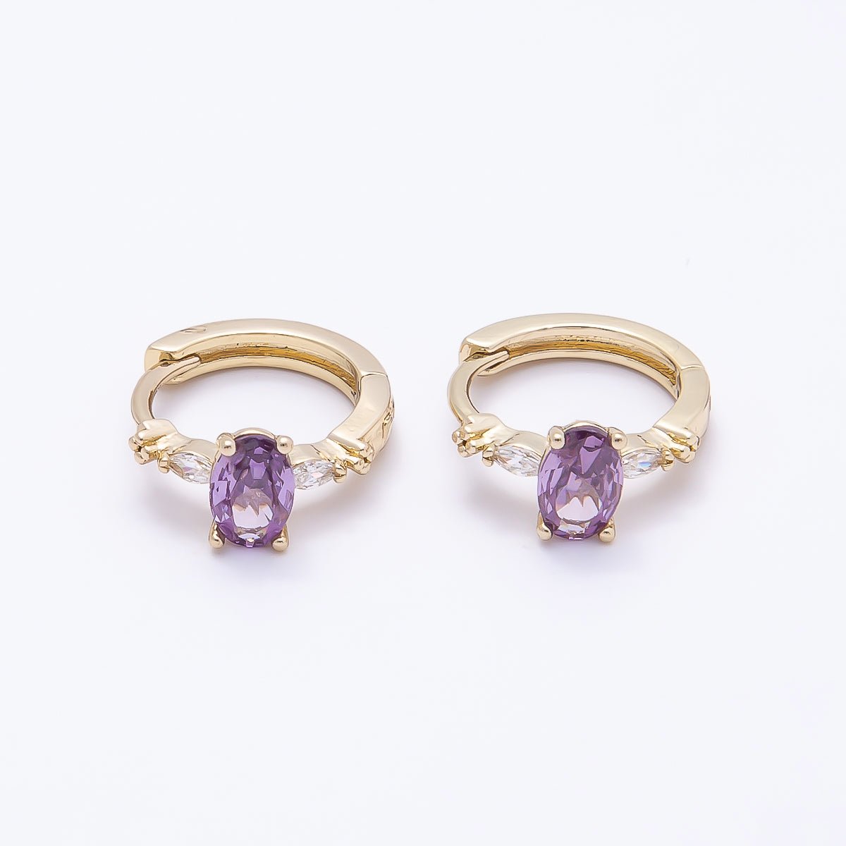 16K Gold Filled 13mm Clear, Green, Purple, Blue, Black Oval CZ Huggie Earrings | Earrings - 00387 ~ Earrings - 0038 - DLUXCA