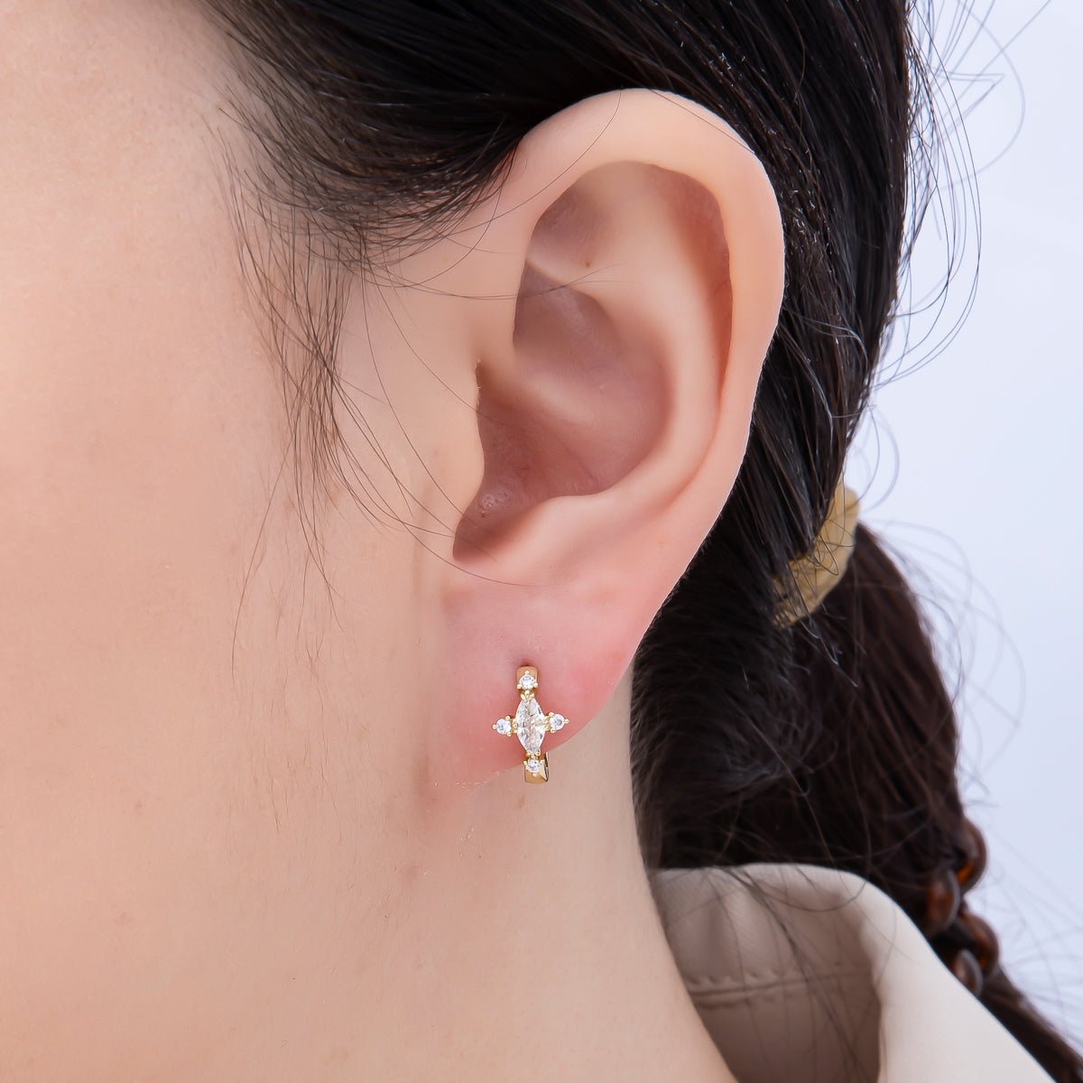 16K Gold Filled 13mm Clear Marquise CZ Celestial Star Huggie Earrings | Earrings-00453 - DLUXCA