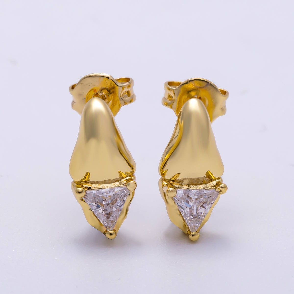 16K Gold Filled 13mm Clear Triangle CZ Molten Drop Stud Earrings | Earrings - 00308 - DLUXCA