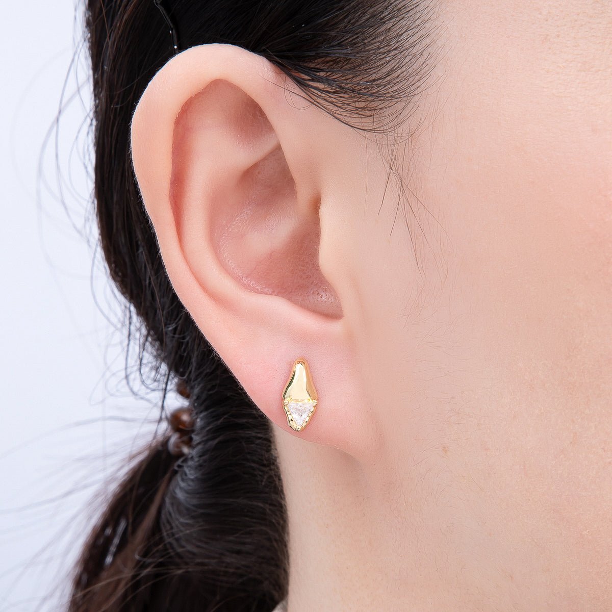 16K Gold Filled 13mm Clear Triangle CZ Molten Drop Stud Earrings | Earrings - 00308 - DLUXCA