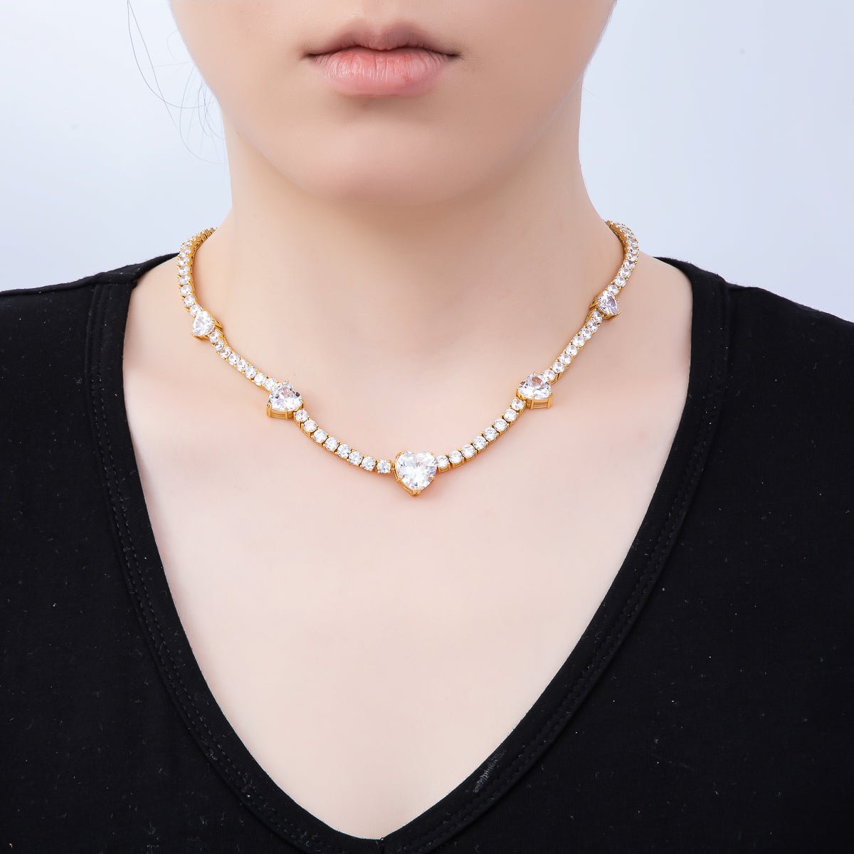 16K Gold Filled 13mm Graduated Heart Tennis Chain 17 Inch Necklace | WA - 04409 - DLUXCA