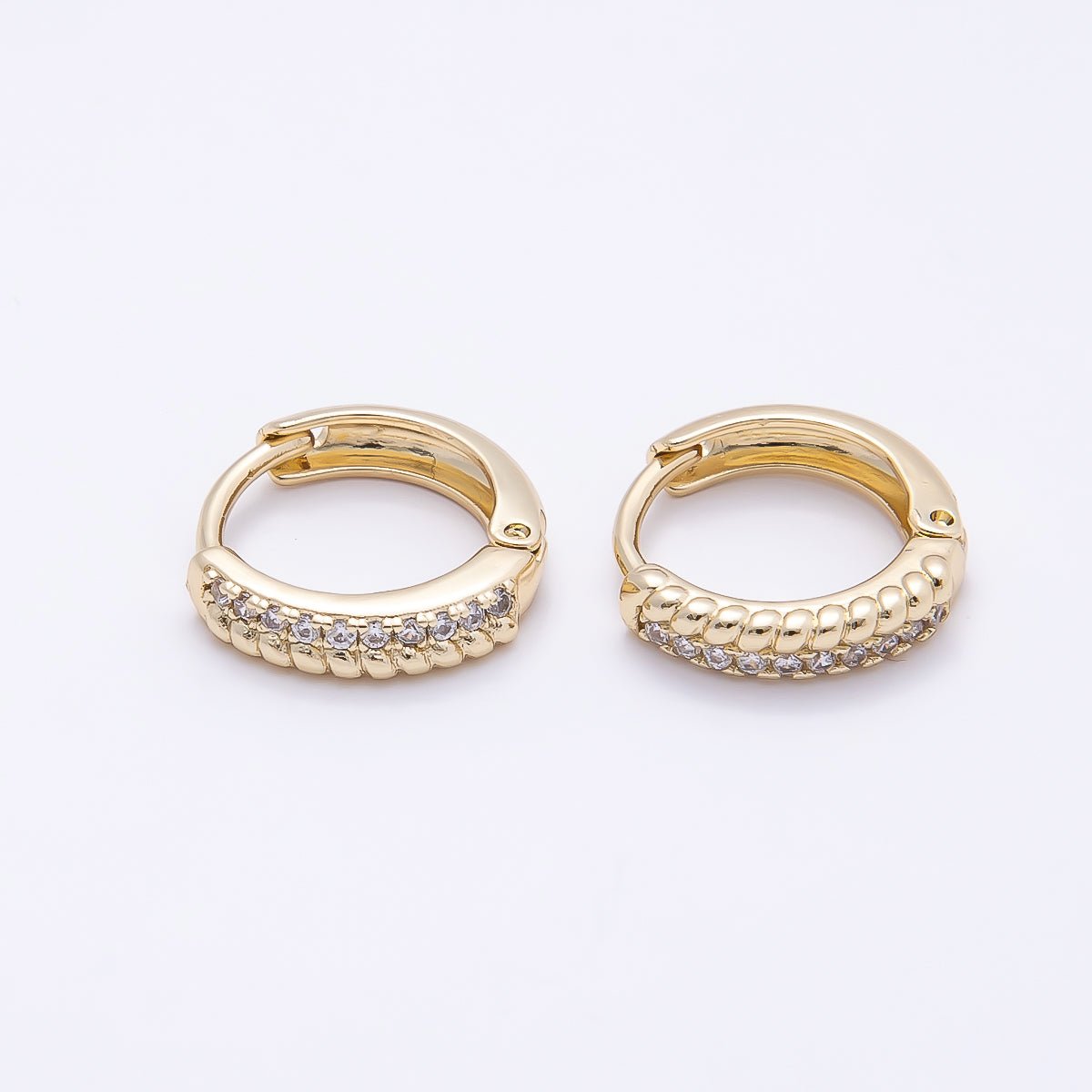 16K Gold Filled 13mm Micro Paved CZ Croissant Lined Cartilage Huggie Earrings | Earrings-00437 - DLUXCA