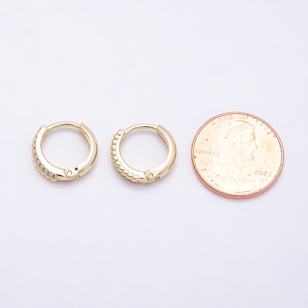 16K Gold Filled 13mm Micro Paved CZ Croissant Lined Cartilage Huggie Earrings | Earrings-00437 - DLUXCA