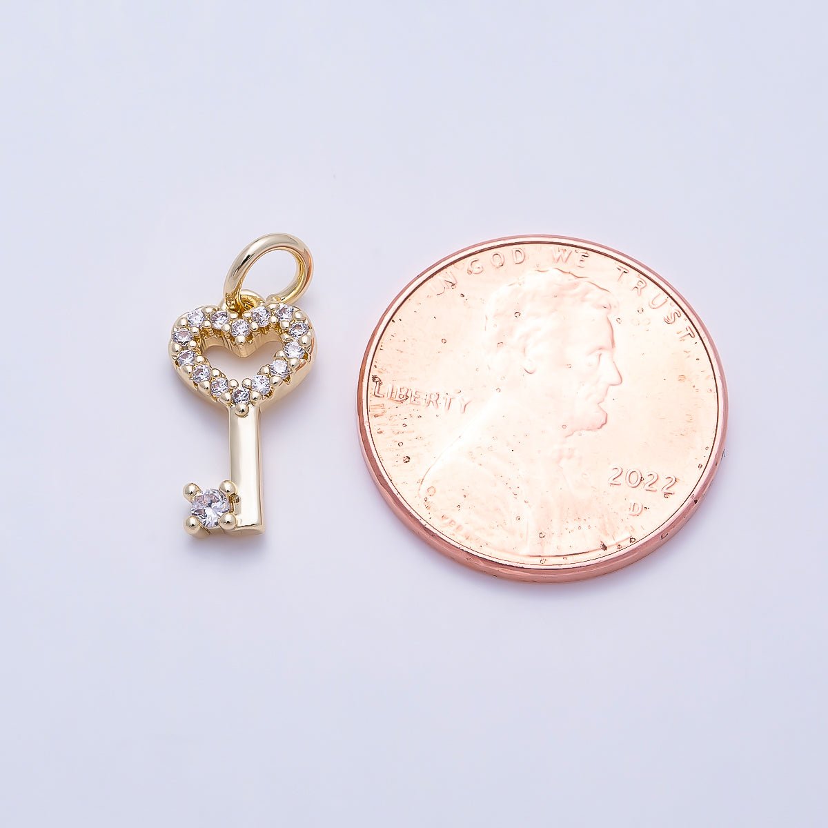 16K Gold Filled 13mm Micro Paved CZ Heart Bow Key Charm | Charms-01639 - DLUXCA