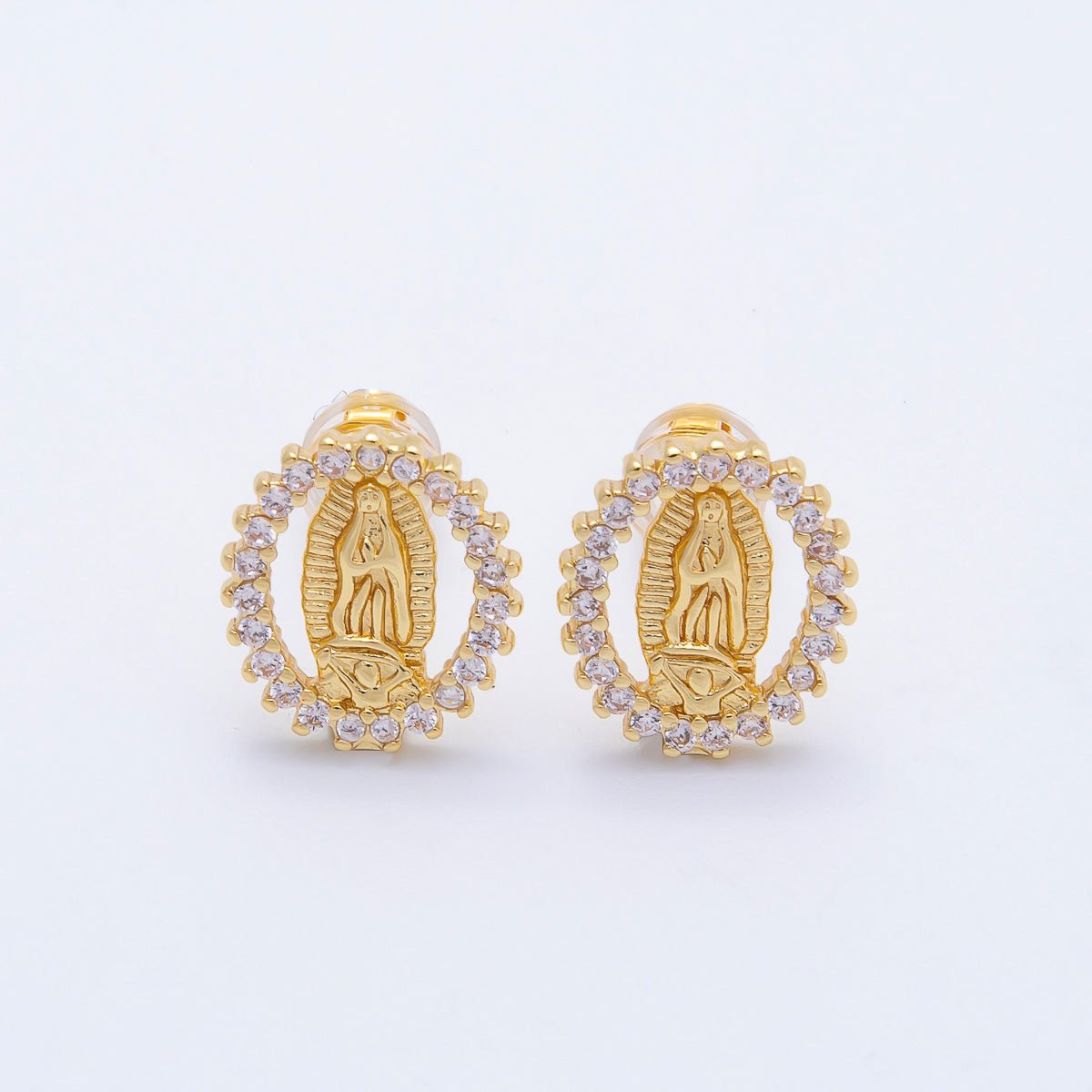 16K Gold Filled 13mm Micro Paved CZ Lady Guadalupe Oval Religious Stud Earrings | Earrings - 00351 - DLUXCA