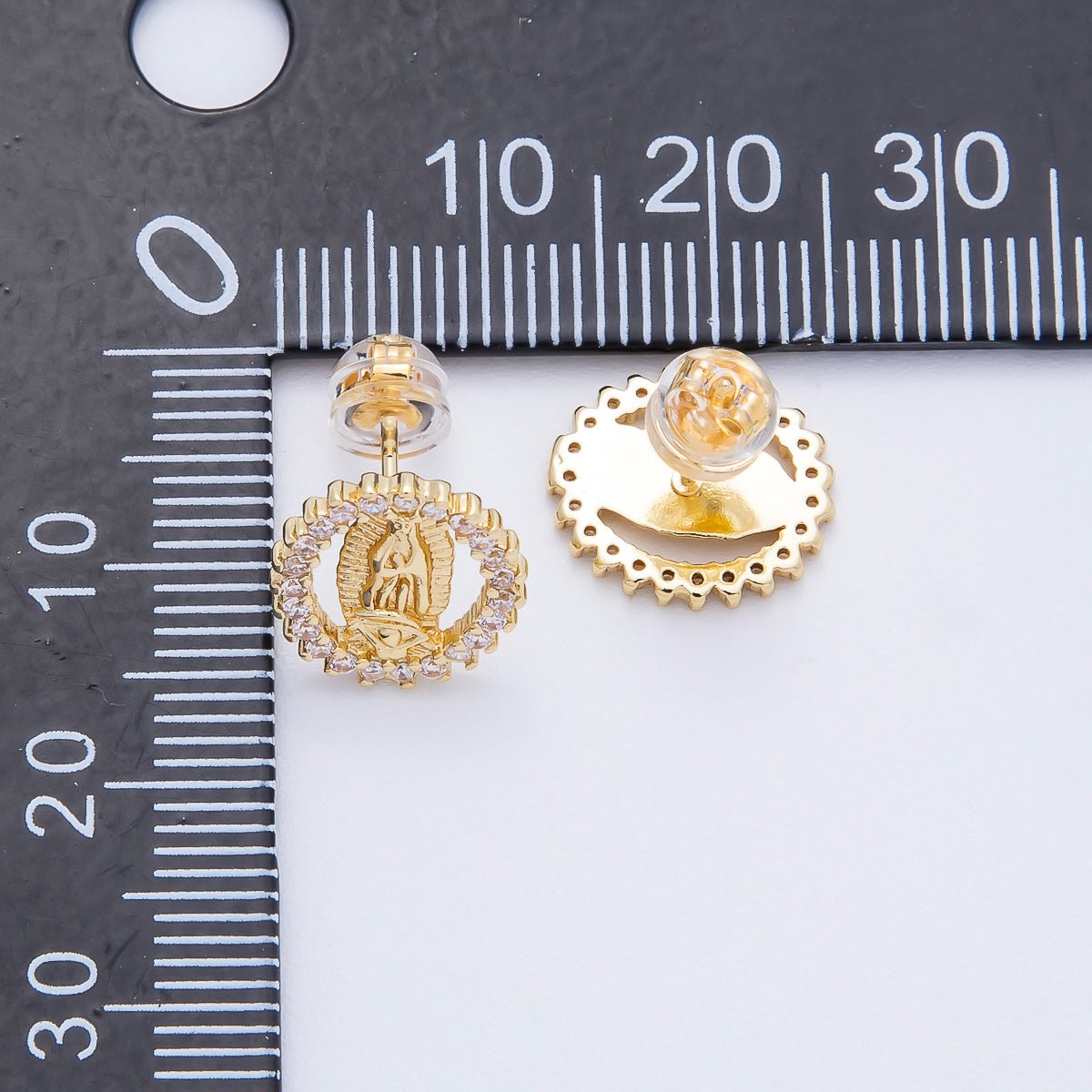 16K Gold Filled 13mm Micro Paved CZ Lady Guadalupe Oval Religious Stud Earrings | Earrings - 00351 - DLUXCA