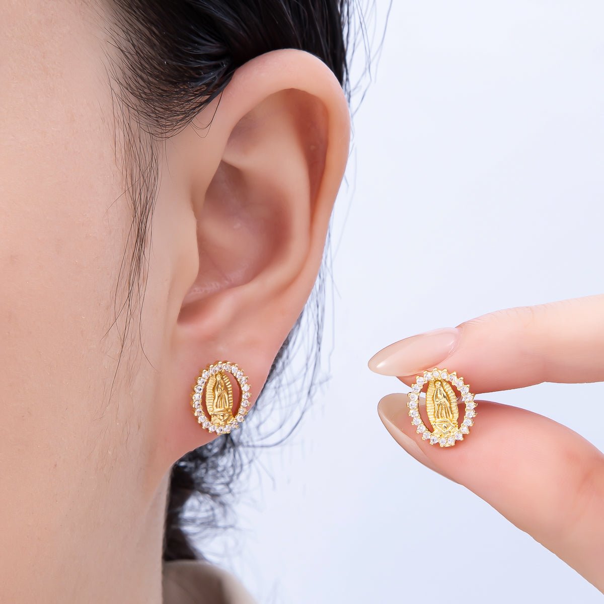 16K Gold Filled 13mm Micro Paved CZ Lady Guadalupe Oval Religious Stud Earrings | Earrings - 00351 - DLUXCA
