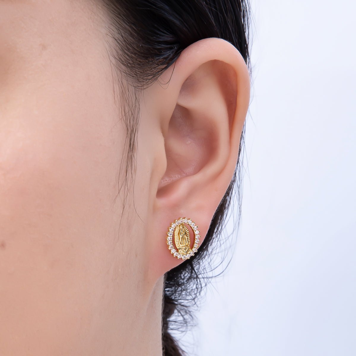 16K Gold Filled 13mm Micro Paved CZ Lady Guadalupe Oval Religious Stud Earrings | Earrings - 00351 - DLUXCA