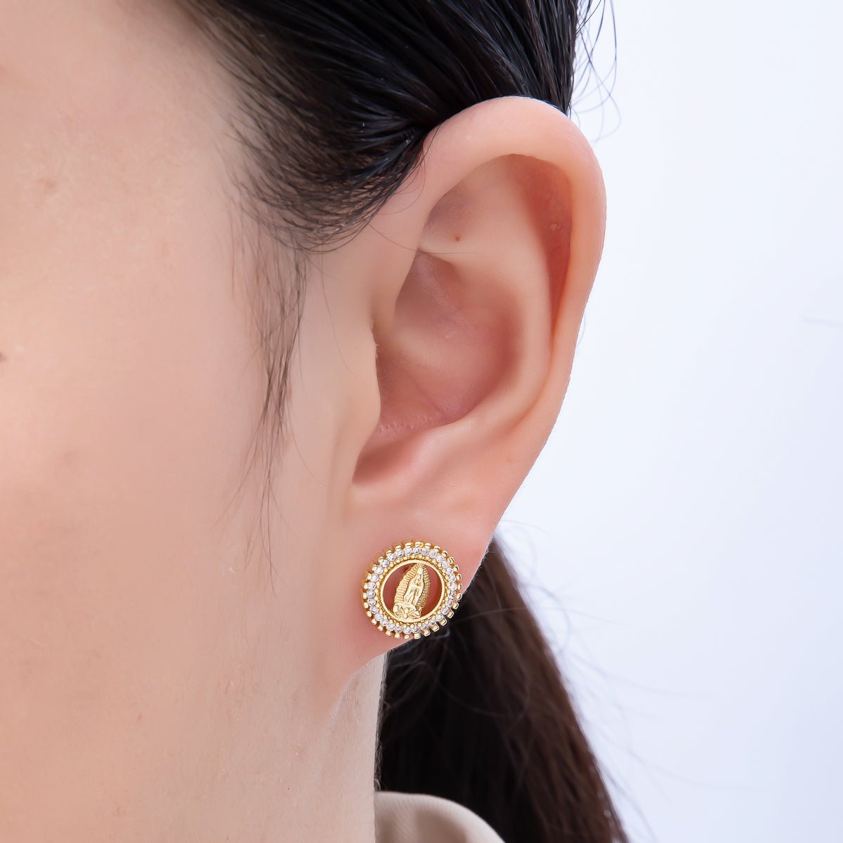 16K Gold Filled 13mm Micro Paved CZ Religious Mother Mary Open Round Stud Earrings | Earrings - 00346 - DLUXCA