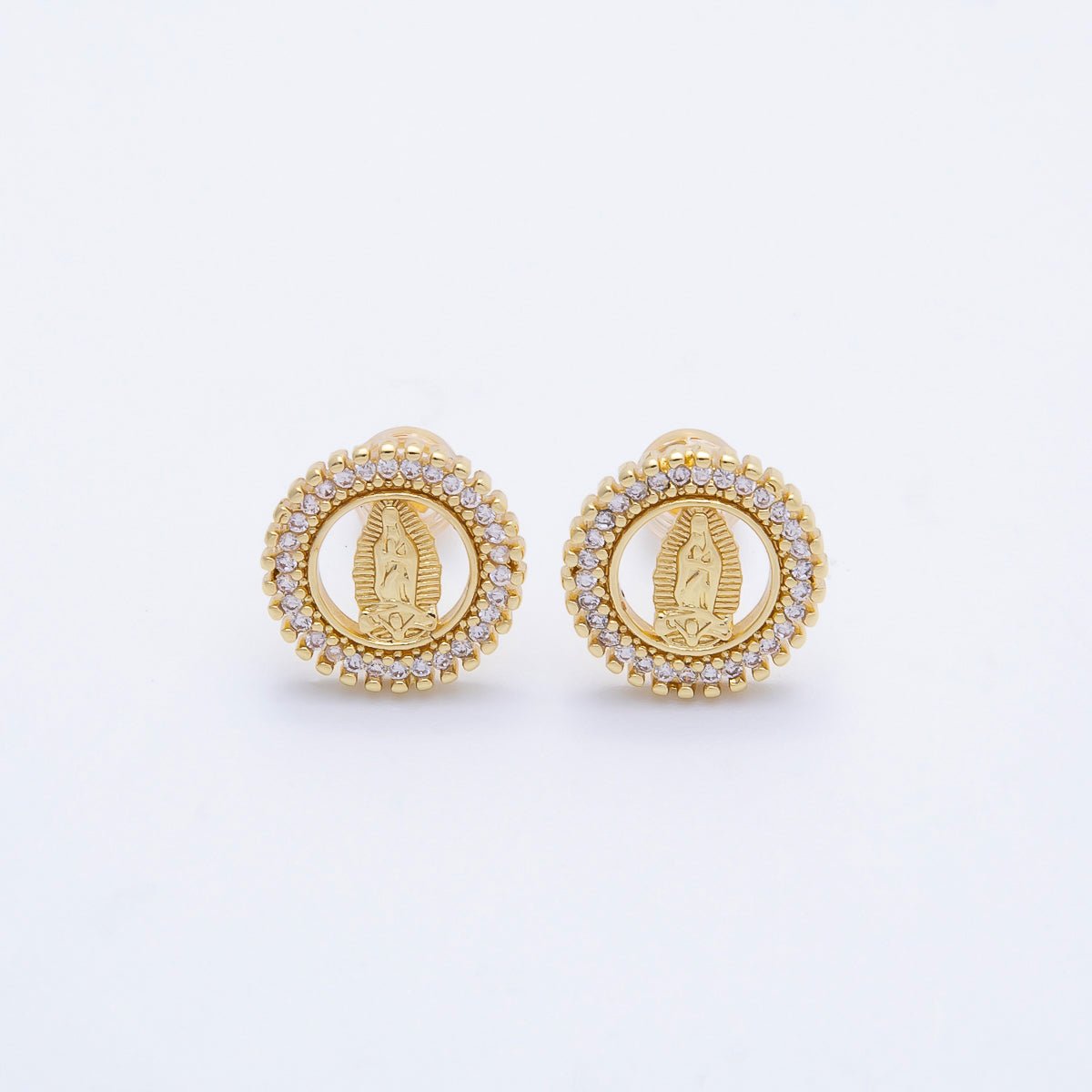 16K Gold Filled 13mm Micro Paved CZ Religious Mother Mary Open Round Stud Earrings | Earrings - 00346 - DLUXCA