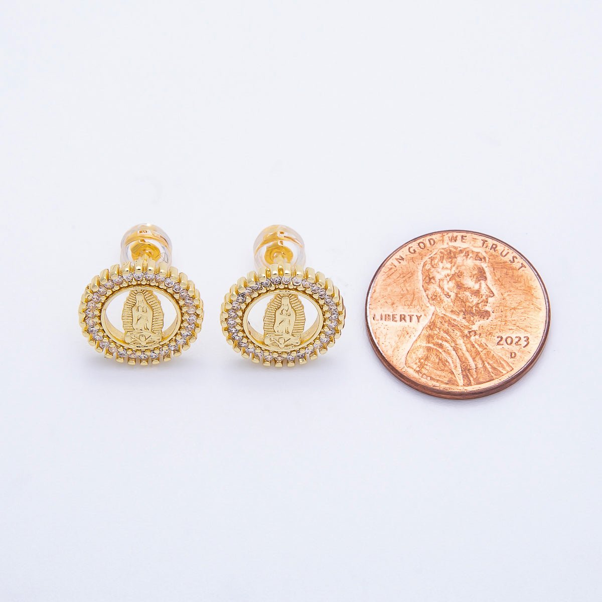 16K Gold Filled 13mm Micro Paved CZ Religious Mother Mary Open Round Stud Earrings | Earrings - 00346 - DLUXCA