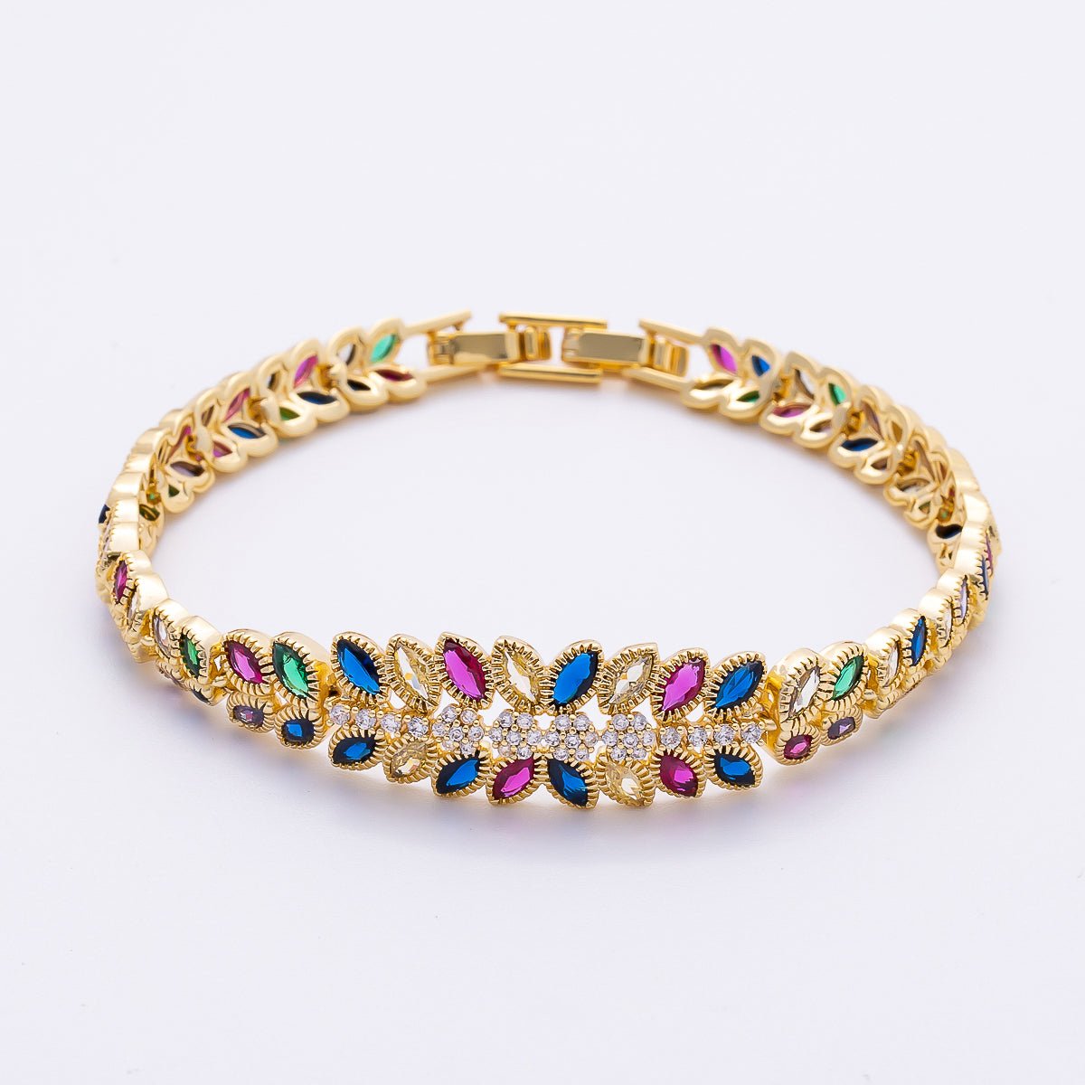 16K Gold Filled 13mm Multi - Color Marquise Floral 8 Inch Bracelet | WA4288 - DLUXCA