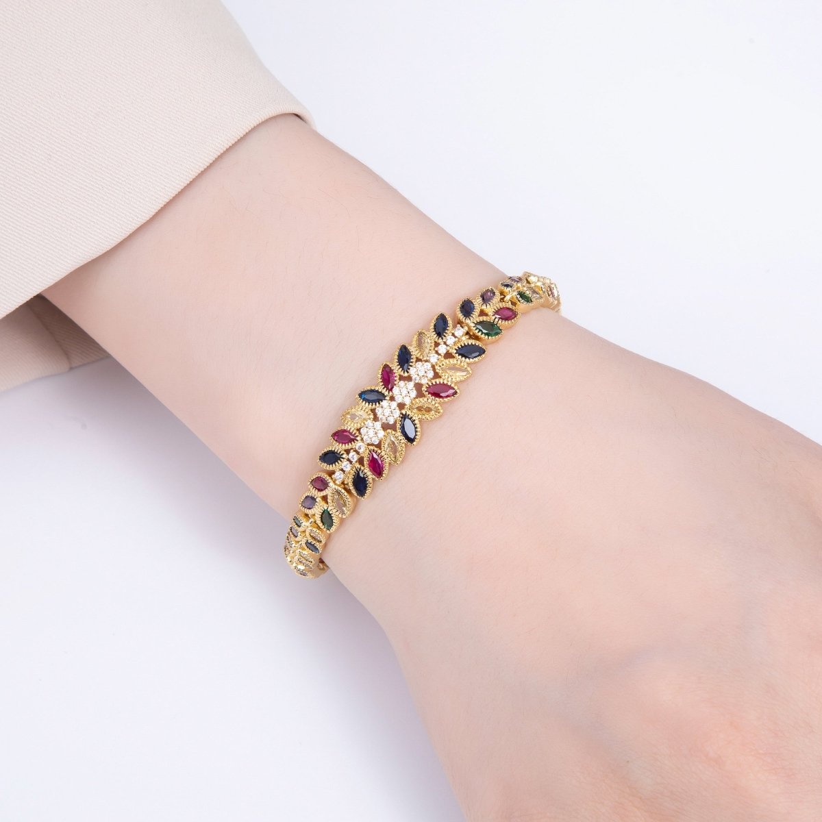 16K Gold Filled 13mm Multicolor Marquise Micro Paved CZ Floral 7 Inch Adjustable Bracelet | WA - 04288 - DLUXCA