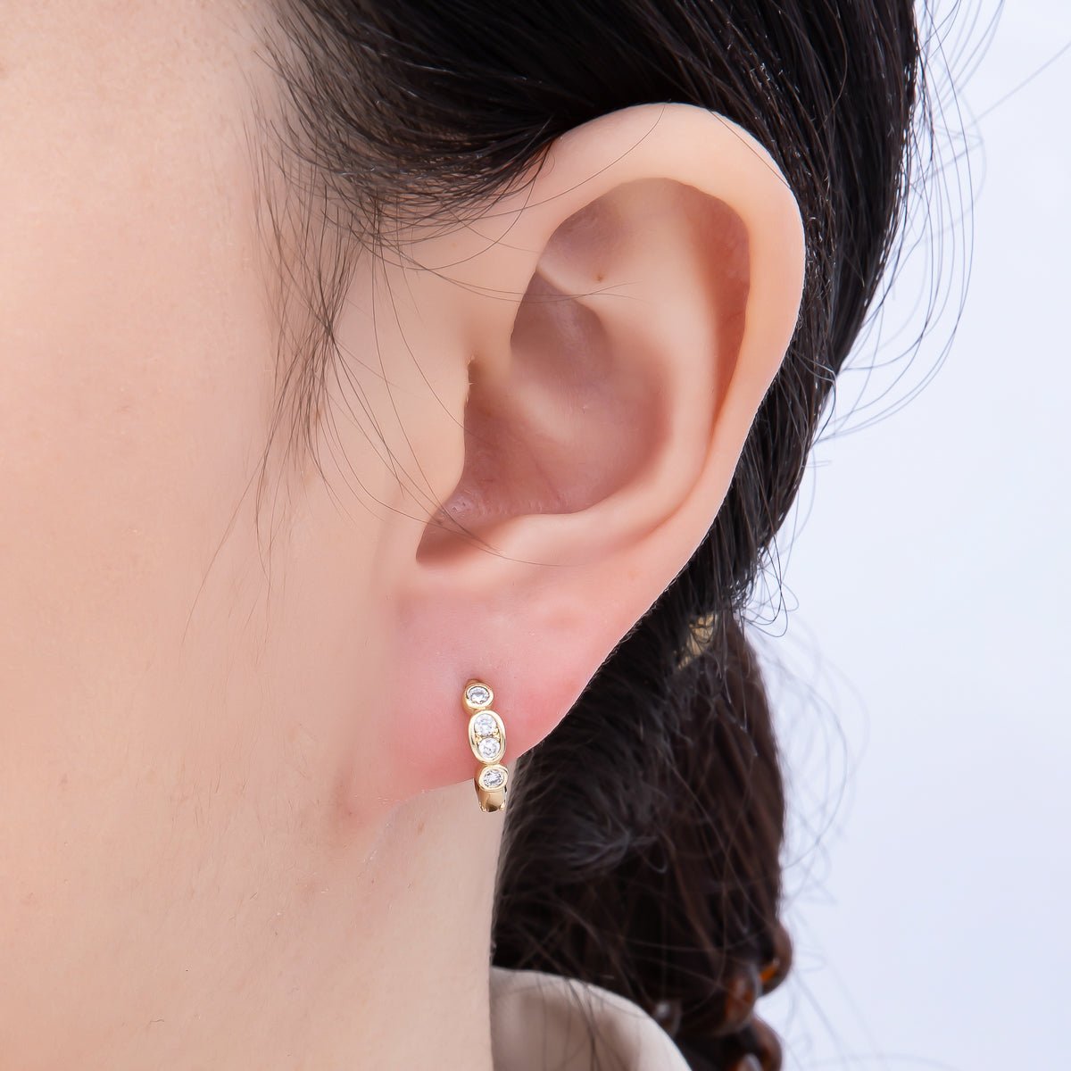 16K Gold Filled 13mm Round Oval CZ Bezel Cartilage Huggie Earrings | Earrings-00433 - DLUXCA