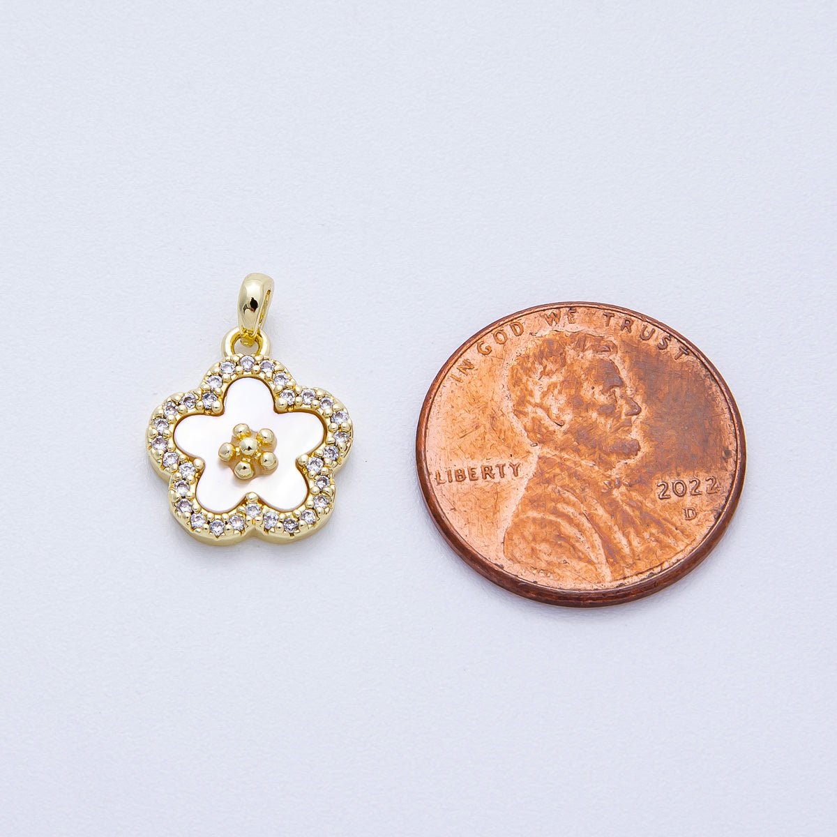 16K Gold Filled 13mm Shell Pearl Micro Paved CZ Flower Pendant | Charms - 00427 - DLUXCA
