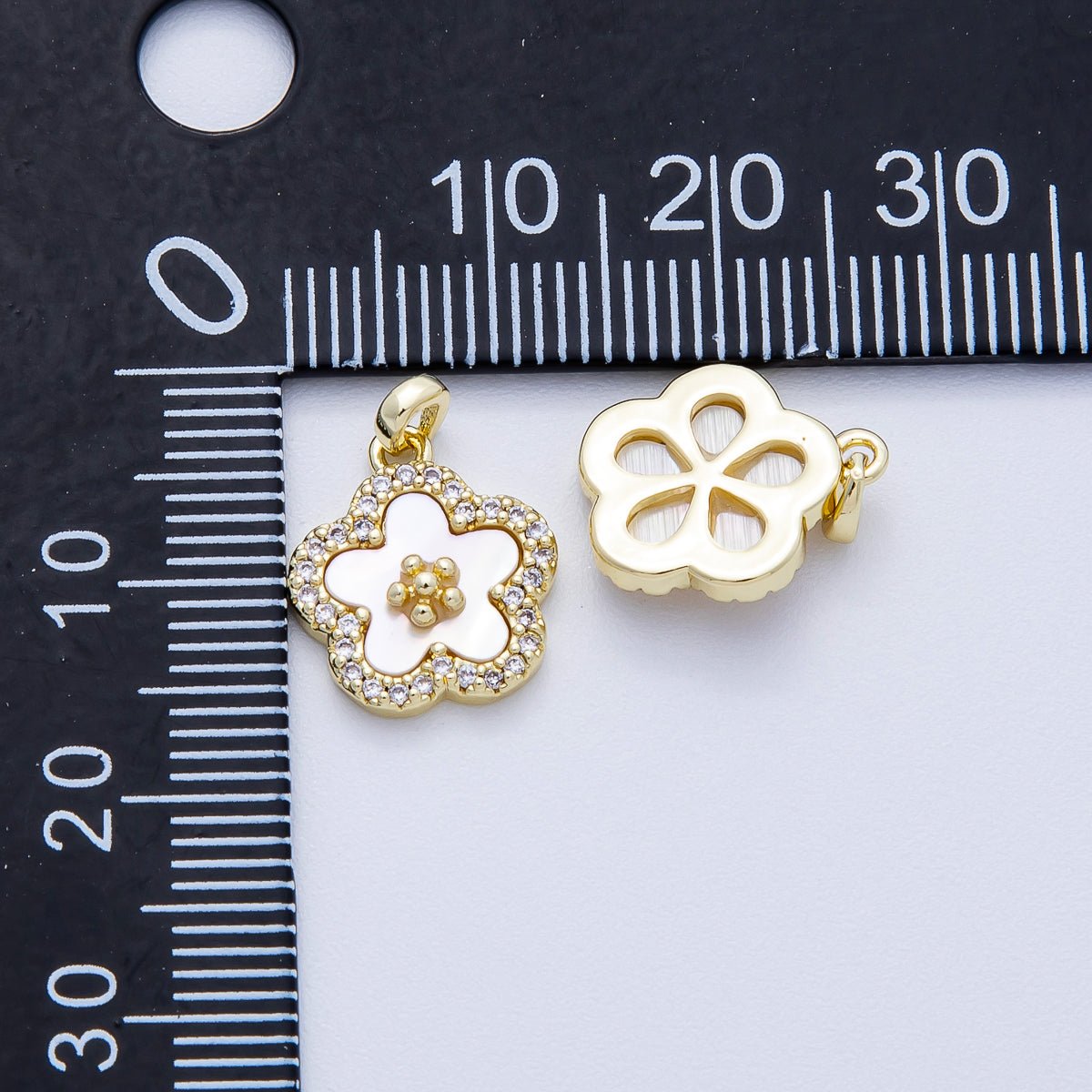 16K Gold Filled 13mm Shell Pearl Micro Paved CZ Flower Pendant | Charms - 00427 - DLUXCA
