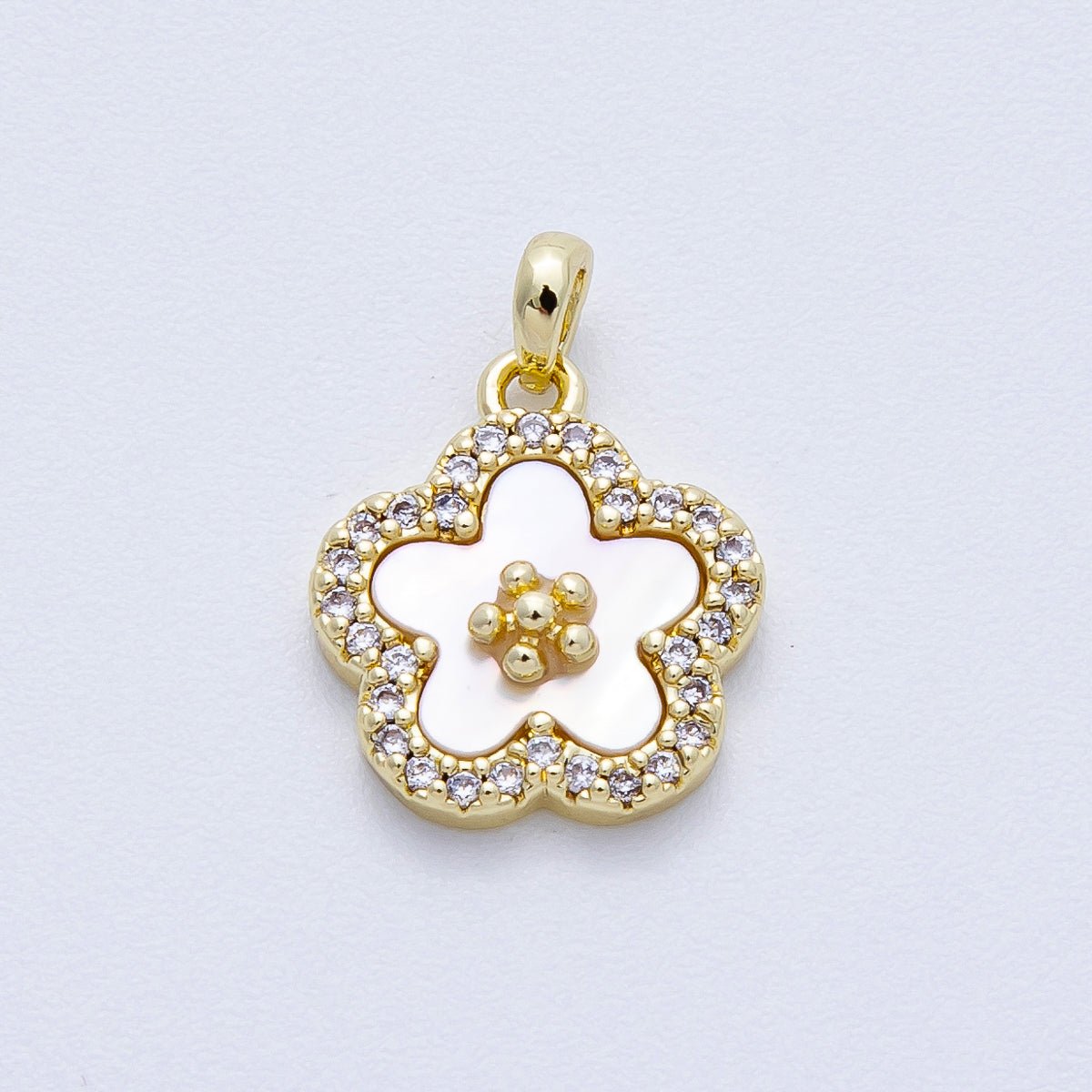 16K Gold Filled 13mm Shell Pearl Micro Paved CZ Flower Pendant | Charms - 00427 - DLUXCA