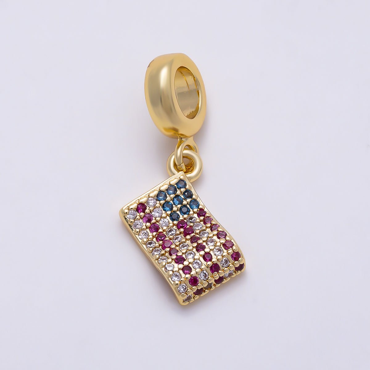 16K Gold Filled 13mm USA America Flag Micro Paved CZ Drop Rondelle Pendant in Gold & Silver | Charms-01452 - DLUXCA