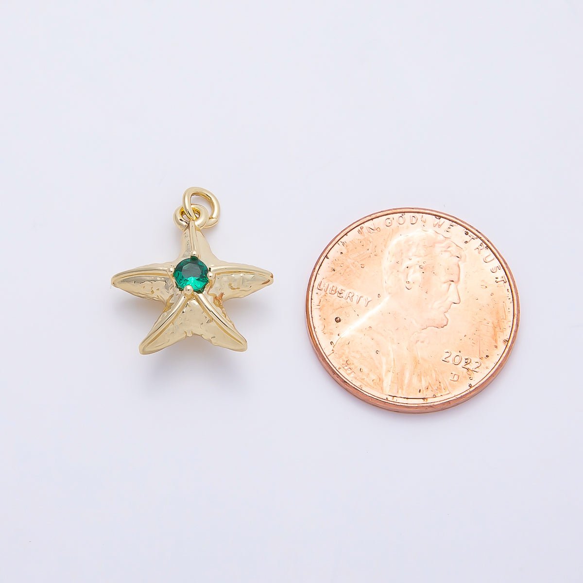 16K Gold Filled 14.5mm Green Teal CZ Textured 3D Multidimensional Starfish Charm | Charms-01255 - DLUXCA