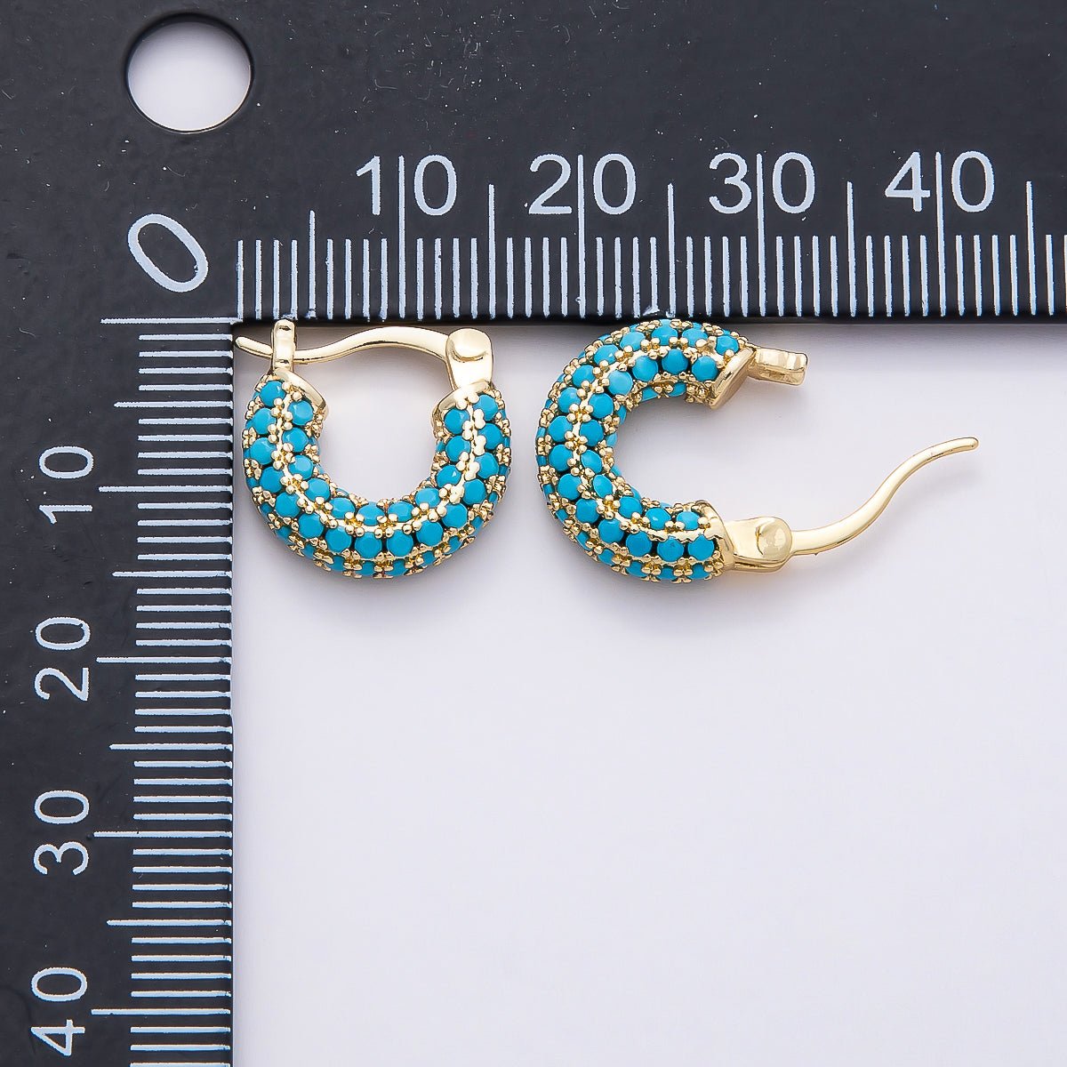 16K Gold Filled 14.5mm Turquoise Micro Paved CZ Chubby Latch Hoop Earrings | Earrings - 00380 - DLUXCA