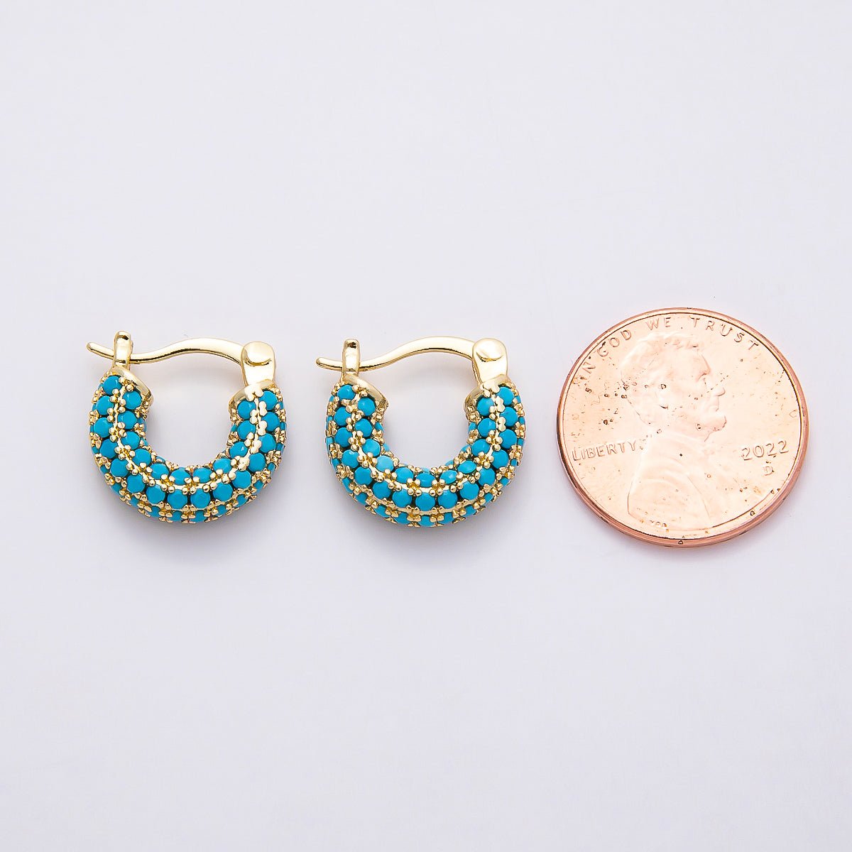 16K Gold Filled 14.5mm Turquoise Micro Paved CZ Chubby Latch Hoop Earrings | Earrings - 00380 - DLUXCA