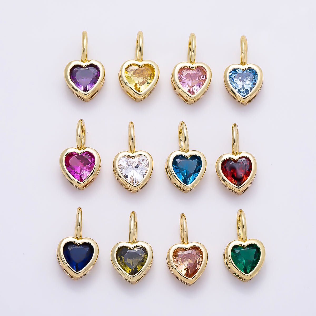 16K Gold Filled 14mm Birthstone CZ Bezel Heart Collar Chain Pendant | Charms-01287 ~ Charms-01298 - DLUXCA