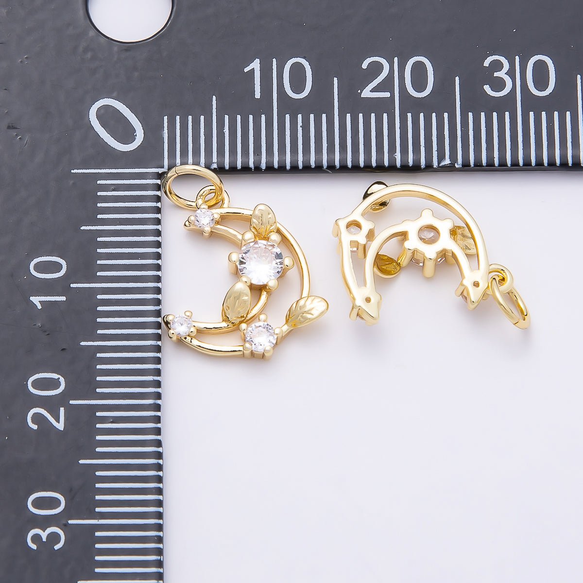 16K Gold Filled 14mm Clear CZ Celestial Crescent Moon Leaf Open Charm | Charms - 00866 - DLUXCA