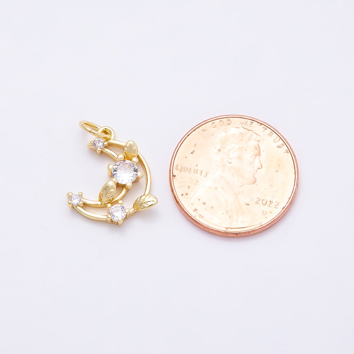 16K Gold Filled 14mm Clear CZ Celestial Crescent Moon Leaf Open Charm | Charms - 00866 - DLUXCA