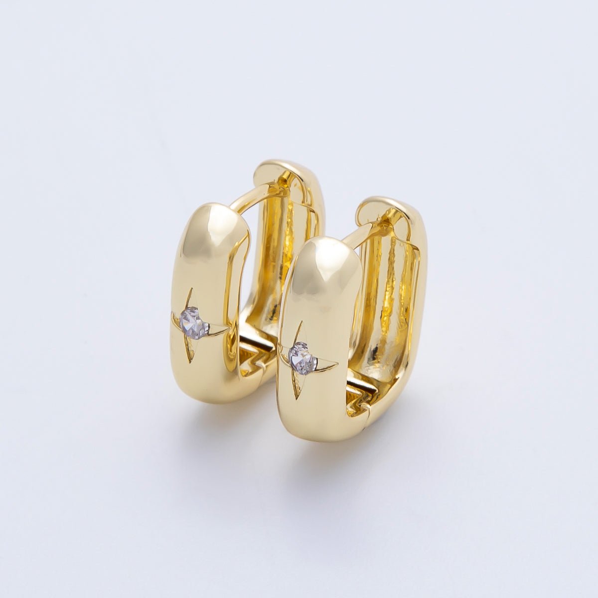 16K Gold Filled 14mm Clear CZ Celestial North Star Oblong Hoop Earrings | Earrings - 00342 - DLUXCA