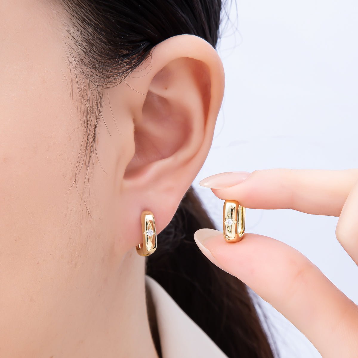 16K Gold Filled 14mm Clear CZ Celestial North Star Oblong Hoop Earrings | Earrings - 00342 - DLUXCA