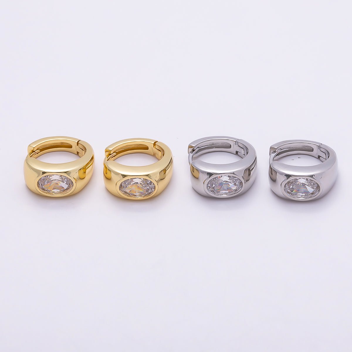 16K Gold Filled 14mm Clear CZ Wide Huggie Earrings in Gold & Silver | Earrings - 00409 Earrings - 00410 - DLUXCA