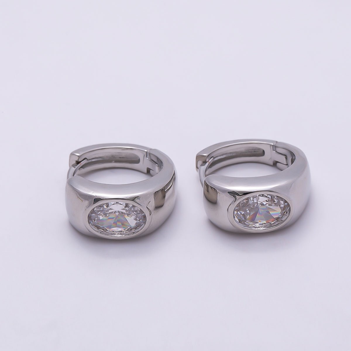 16K Gold Filled 14mm Clear CZ Wide Huggie Earrings in Gold & Silver | Earrings - 00409 Earrings - 00410 - DLUXCA