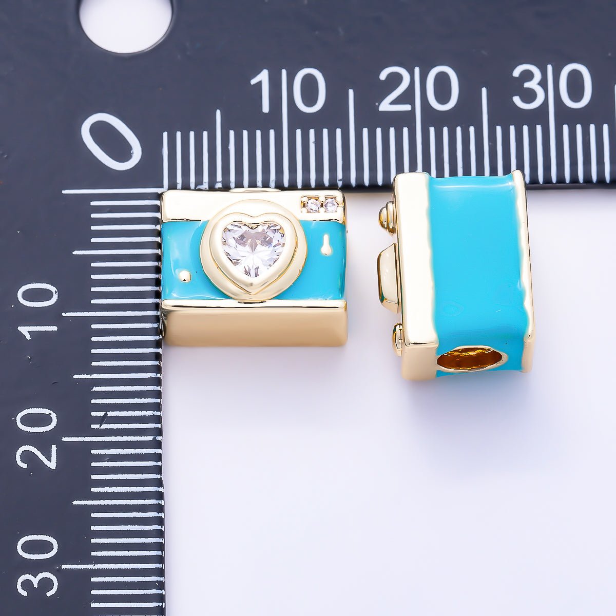 16K Gold Filled 14mm Clear Heart CZ Mini Camera Enamel Spacer Bead | Beads-00570 - Beads-00571 - DLUXCA