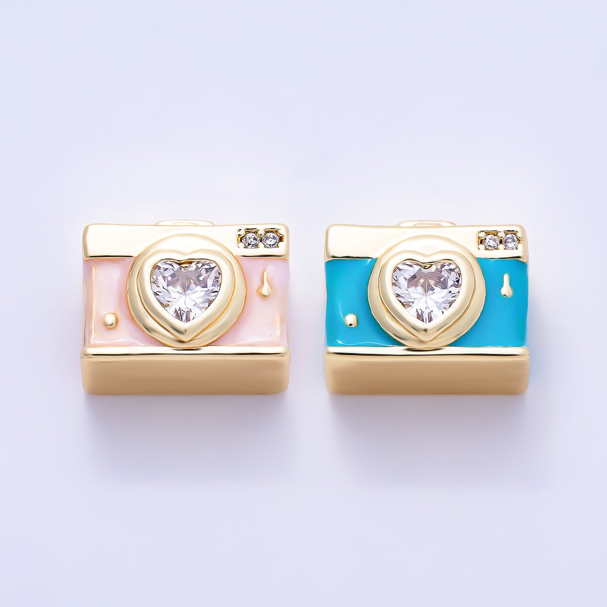 16K Gold Filled 14mm Clear Heart CZ Mini Camera Enamel Spacer Bead | Beads-00570 - Beads-00571 - DLUXCA