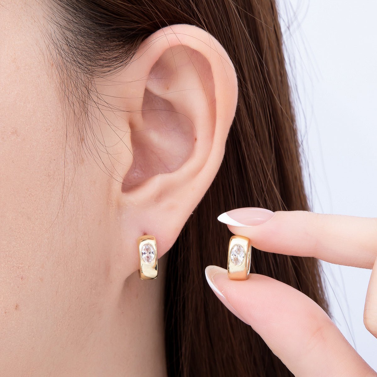 16K Gold Filled 14mm Clear Oval CZ Minimalist Dome Oblong Huggie | Earrings-00699 - DLUXCA