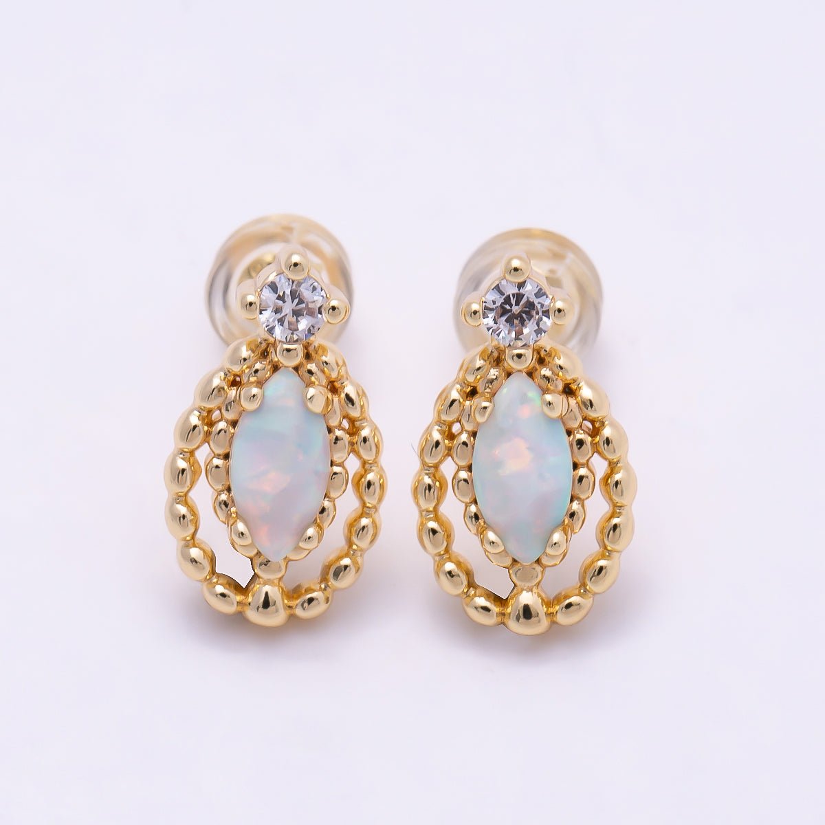 16K Gold Filled 14mm CZ Opal Navette Double Dotted Geometric Stud Earrings | Earrings-00459 - DLUXCA