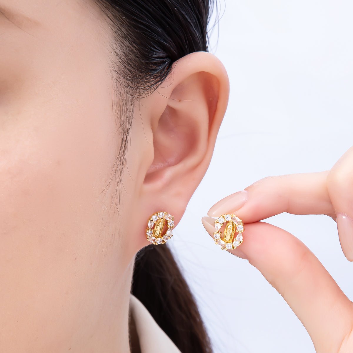 16K Gold Filled 14mm Lady Guadalupe Multi Cut CZ Open Oval Religious Stud Earrings | Earrings - 00350 - DLUXCA