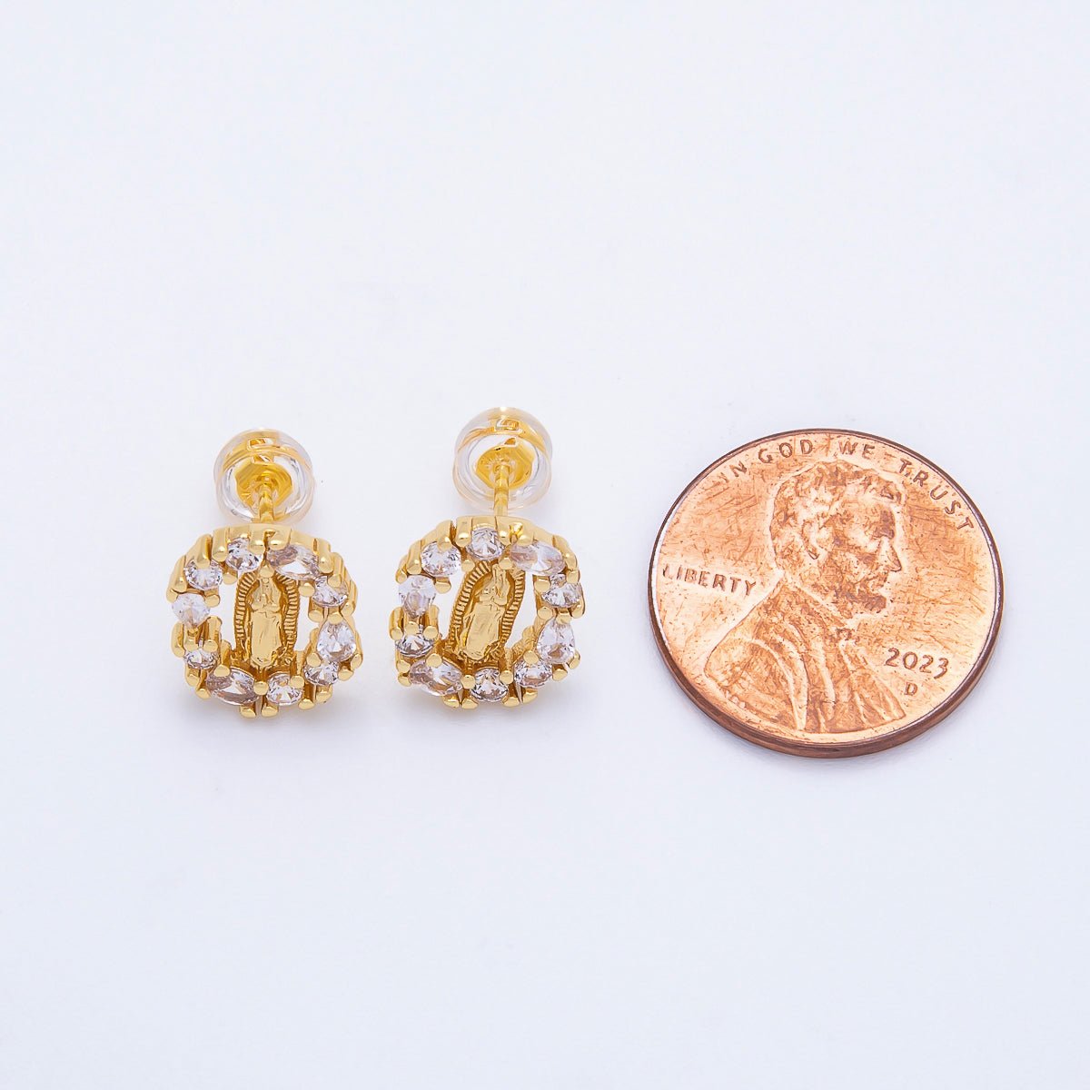16K Gold Filled 14mm Lady Guadalupe Multi Cut CZ Open Oval Religious Stud Earrings | Earrings - 00350 - DLUXCA