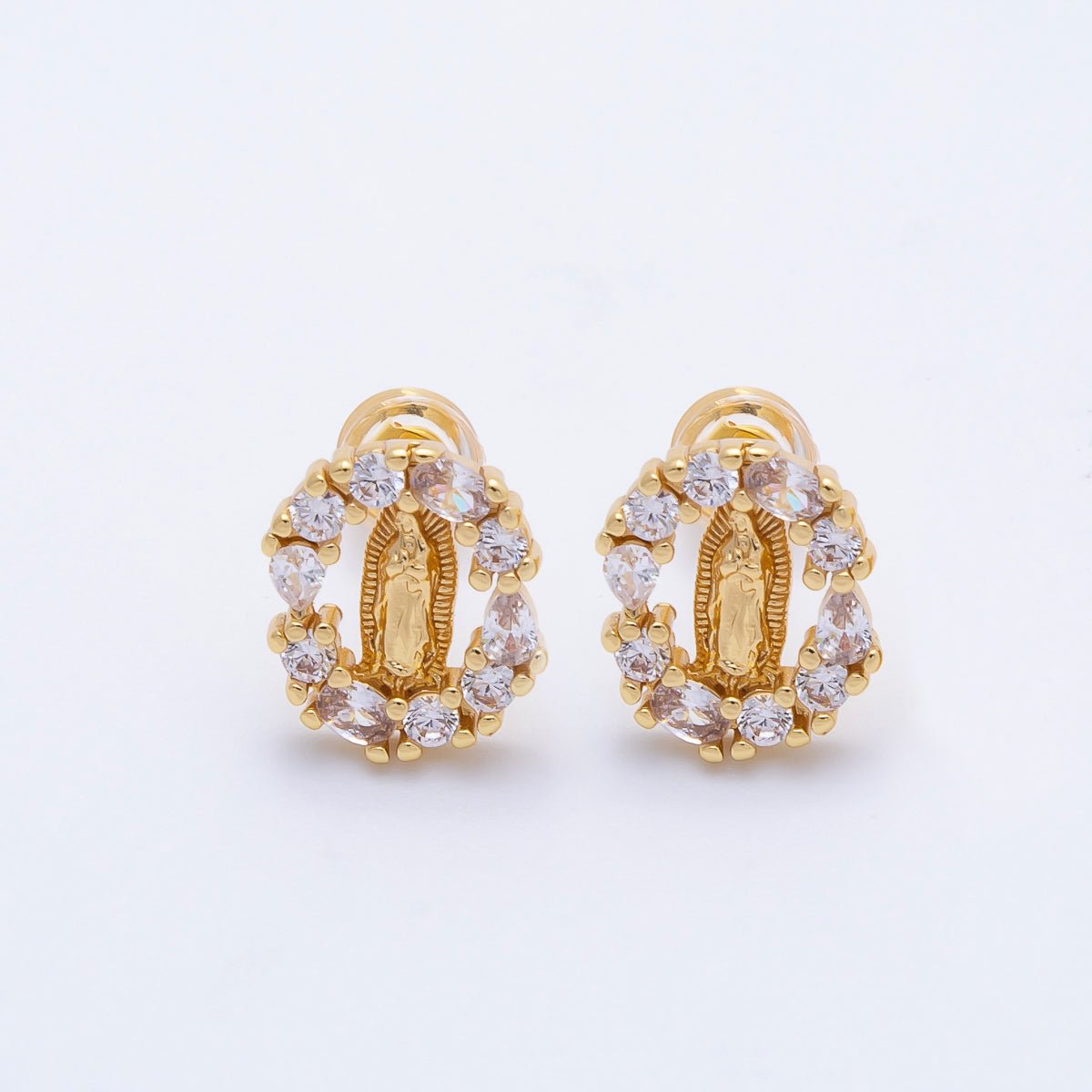 16K Gold Filled 14mm Lady Guadalupe Multi Cut CZ Open Oval Religious Stud Earrings | Earrings - 00350 - DLUXCA
