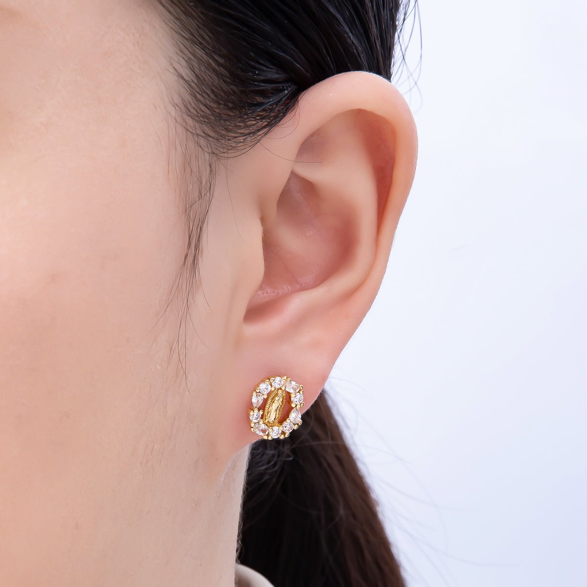 16K Gold Filled 14mm Lady Guadalupe Multi Cut CZ Open Oval Religious Stud Earrings | Earrings - 00350 - DLUXCA
