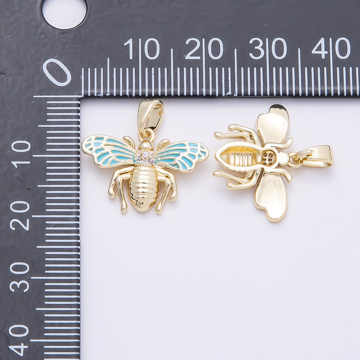 16K Gold Filled 14mm Micro Paved CZ Blue Enamel Bumble Bee Insect Pendant | Charms-00951 - DLUXCA
