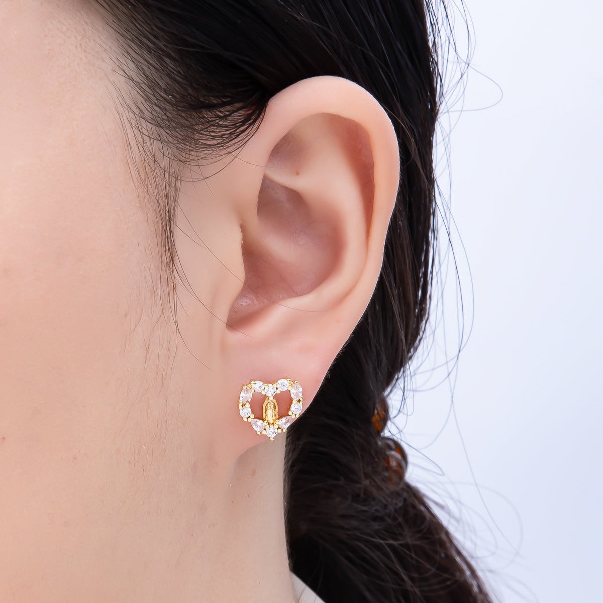 16K Gold Filled 14mm Micro Paved CZ Open Heart Religious Stud Earrings | Earrings - 00349 - DLUXCA