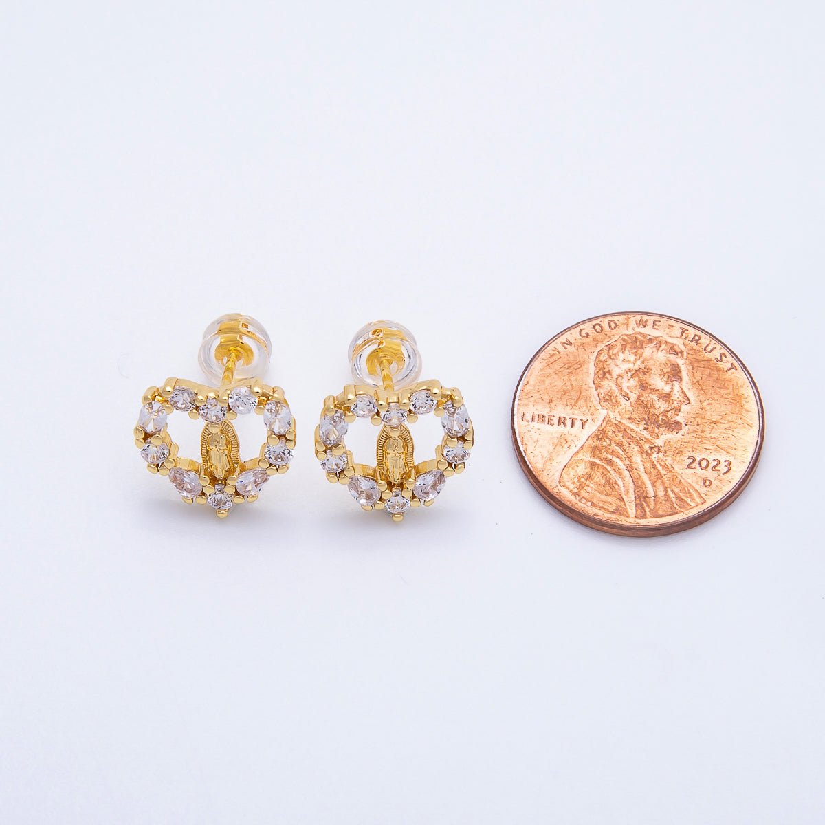 16K Gold Filled 14mm Micro Paved CZ Open Heart Religious Stud Earrings | Earrings - 00349 - DLUXCA