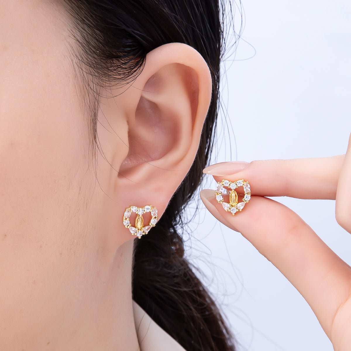 16K Gold Filled 14mm Micro Paved CZ Open Heart Religious Stud Earrings | Earrings - 00349 - DLUXCA