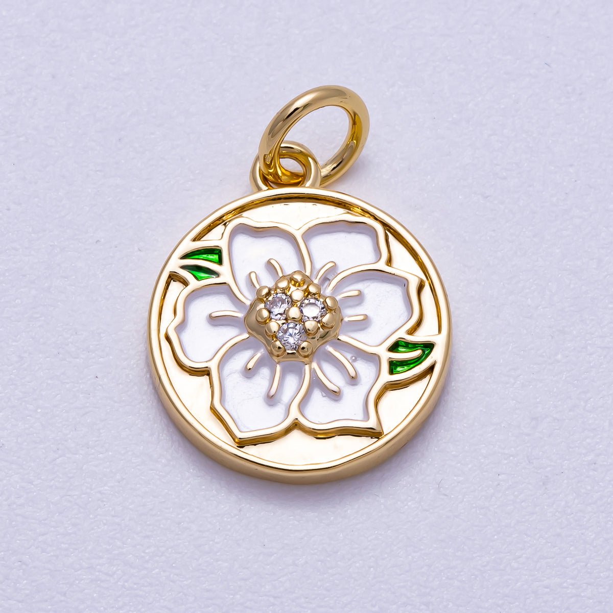 16K Gold Filled 14mm Micro Paved CZ White Enamel Lotus Flower Round Charm | Charms - 00546 - DLUXCA