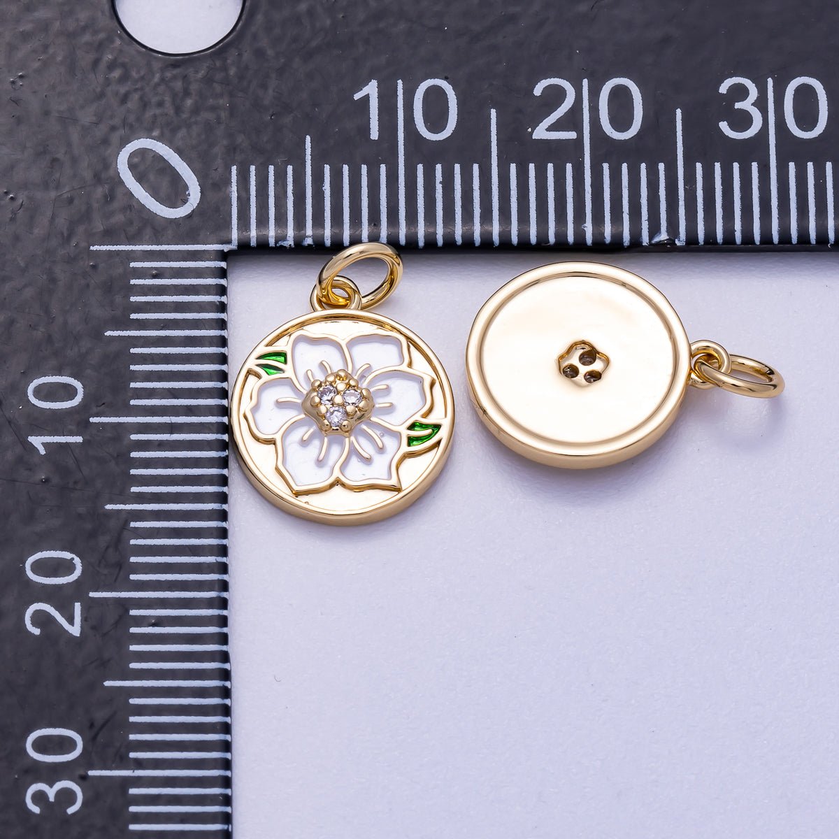 16K Gold Filled 14mm Micro Paved CZ White Enamel Lotus Flower Round Charm | Charms - 00546 - DLUXCA
