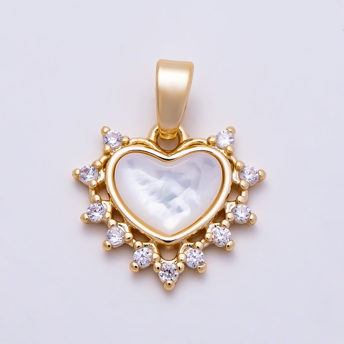16K Gold Filled 14mm Mother of Pearl Heart CZ Sunburst Pendant | Charms-01683 - DLUXCA