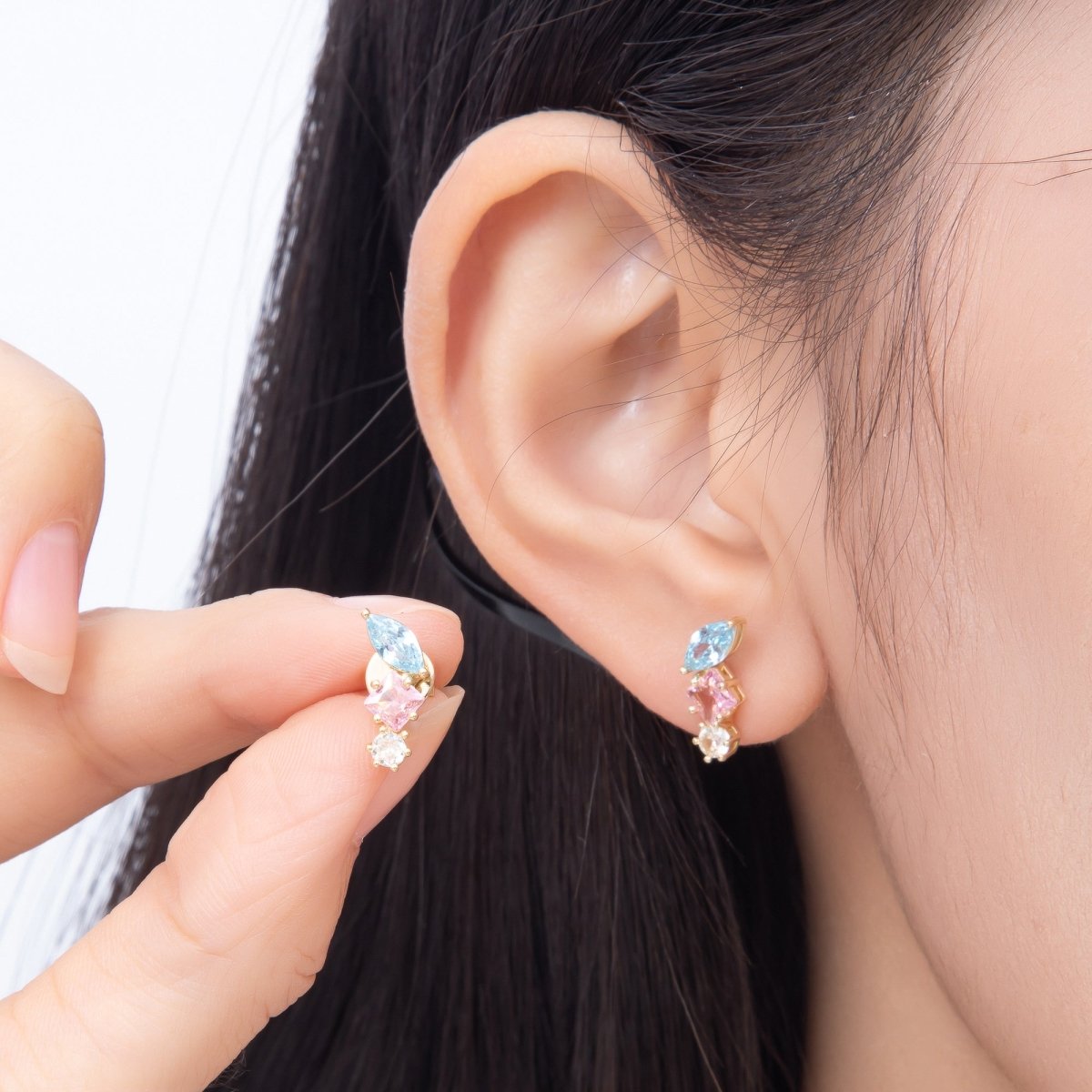 16K Gold Filled 14mm Multi-Cut Marquise & Princess CZ Cluster Stud Earrings | Earrings-00834 - DLUXCA