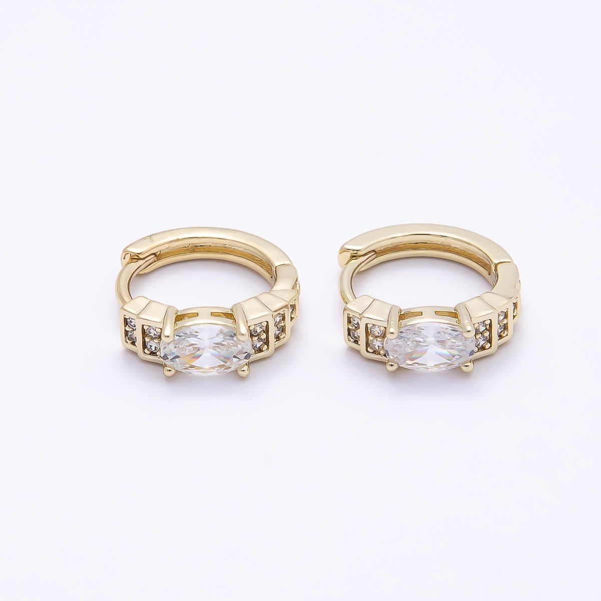 16K Gold Filled 14mm Oval Micro Paved CZ Geometric Huggie Earrings | Earrings-00440 - DLUXCA