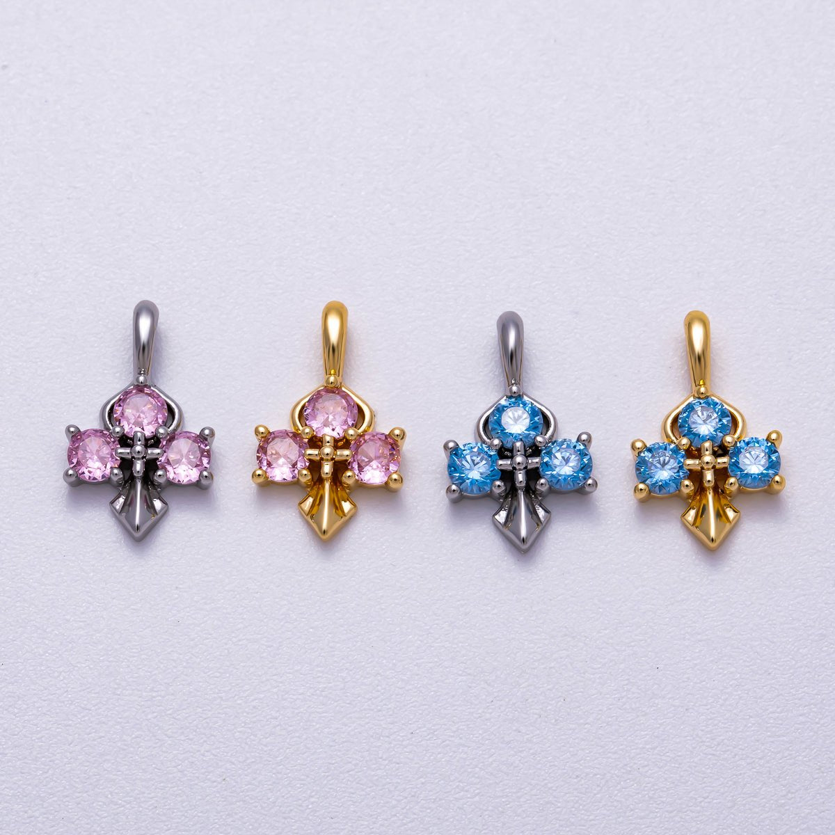 16K Gold Filled 14mm Pink, Blue CZ Mini Cross Charm in Gold & Silver | Charms - 00633 ~ Charms - 00636 - DLUXCA